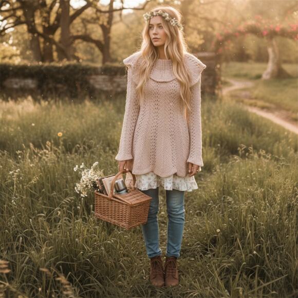 Anthropologie Yellow Bird Crochet Knit Cowl Neck Sweater Small BOHO Cottagecore - Picture 2 of 16